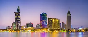 Panorama Prints: Central Ho Chi Minh City (Saigon) skyline and Saigon River at dusk, Vietnam