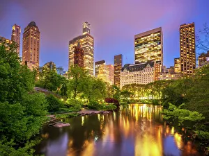 Central Park Prints: Central Park at Twilight illuminated, New York City, USAPlaza Hotel &