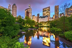 Central Park Prints: Central Park at Twilight illuminated, New York City, USAPlaza Hotel &