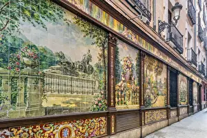 Ceramic Tiles Prints: Ceramic tiles facade of a restaurant in the Barrio de las Letras or Literary Quarter