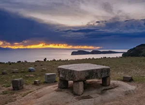Isla Del Sol Prints: Ceremonial Table close to the Chinkana Ruins, dusk, Island of the Sun, Titicaca Lake
