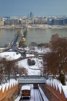 Chain Bridge, St. Stephens Basilica and River Danube, Budapest, Hungary