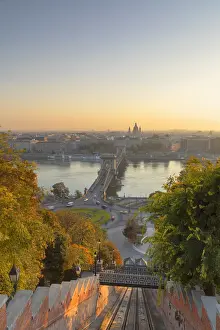 Hungarian Prints: Chain Bridge (Szechenyi Bridge) and Buda Castle Funicular, Budapest, Hungary