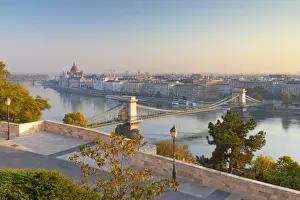 Hungarian Prints: Chain Bridge (Szechenyi Bridge) and Parliament Building from Buda Castle, Budapest