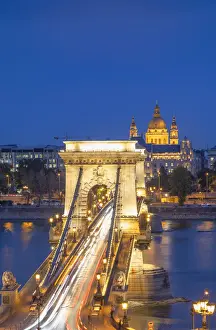 Chain Bridge Prints: Chain Bridge (Szechenyi Bridge) and St Stephenas Basilica at dusk, Budapest, Hungary