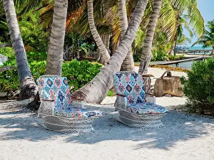 Chair Prints: Chairs at the waterfront of San Pedro Town, Ambergris Caye, Belize District, Belize