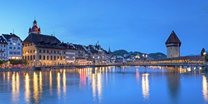 Town Hall Prints: Chapel Bridge and Reuss River at dusk, Lucerne, Switzerland