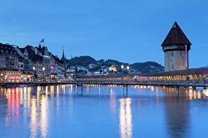 Lucerne Prints: Chapel Bridge and Reuss River at dusk, Lucerne, Switzerland