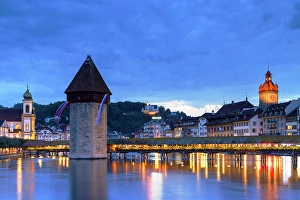 Lucerne Prints: Chapel Bridge and Reuss River at dusk, Lucerne, Switzerland