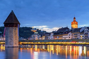 Lucerne Prints: Chapel Bridge, Town Hall and Reuss River at dusk, Lucerne, Switzerland