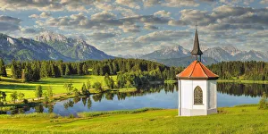 Romantic Road Prints: Chapel at Hergratsrieder See Lake, Allgau, Swabia, Bavaria, Germany