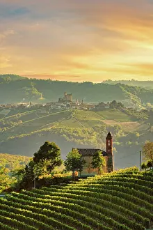 Wine Region Prints: Chapel in the Langhe hills with the village of Serraunga d'Alba