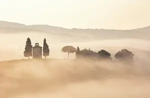 Val Dorcia Prints: The Chapel of Madonna di Vitaleta shrouded in mist at dawn