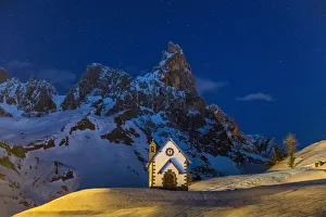 Passo Rolle Prints: Chapel & Pala Group at Night in Winter, Dolomites, Trentino, Italy