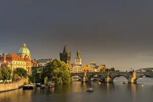 Prag Prints: Charles Bridge and Church of Saint Francis of Assisi with Old Town Bridge Tower against