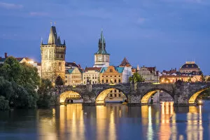 Towers Collection: Charles Bridge and Old Town Bridge Tower at night, Prague, Bohemia, Czech Republic