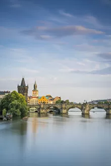 Images Dated 18th June 2020: Charles Bridge and Old Town Bridge Tower against sky at sunset, Prague, Bohemia