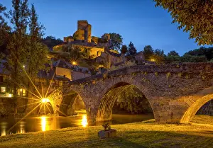 Chateau Belcastel & 15th Century Bridge over Aveyron River at Night, Belcastel