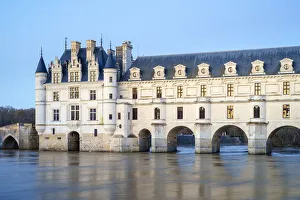 Chateau de Chenonceau over the Cher River at dusk, Chenonceaux, Indre-et-Loire, Centre