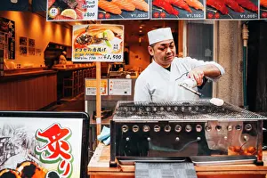 Retail Prints: Chef grilling mochi at Tsukiji Outer Market, Tokyo, Japan