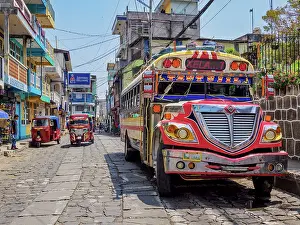 Public Transport Prints: Chicken Bus at the Central Park, San Pedro La Laguna, Solola Department, Guatemala