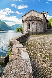 Como District Prints: Chiesa di San Giacomo and Isola Comacina. Ossuccio, Tremezzina, Como Lake, Lombardy, Italy