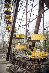 Ferris Wheel Prints: Childrens amusement park in the abandoned city of Pripyat, Chernobyl Exclusion Zone