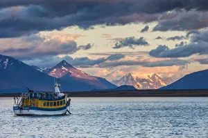 Magallanes Region Prints: Chile, Magallanes Region, Puerto Natales, Seno Ultima Esperanza bay, tour boat
