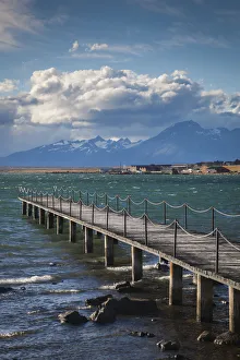 Magallanes Region Prints: Chile, Magallanes Region, Puerto Natales, Seno Ultima Esperanza bay, pier at Puerto