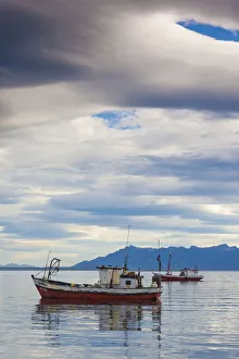 Magallanes Region Prints: Chile, Magallanes Region, Puerto Natales, fishing boats, Seno Ultima Esperanza bay