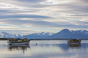 Magallanes Region Prints: Chile, Magallanes Region, Puerto Natales, tour boats on Seno Ultima Esperanza bay