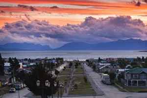 Magallanes Region Prints: Chile, Magallanes Region, Puerto Natales, elevated town view