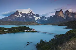 Chile, Magallanes Region, Torres del Paine National Park, Lago Pehoe, elevated view