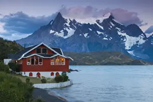 Lago Pehoe Prints: Chile, Magallanes Region, Torres del Paine National Park, Lago Pehoe, Hosteria Pehoe