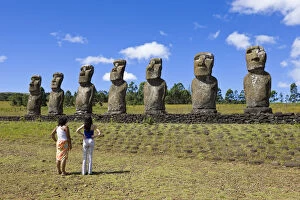 Chile, Rapa Nui, Easter Island, Ahu Akivi, row of monolithic stone Moai statues