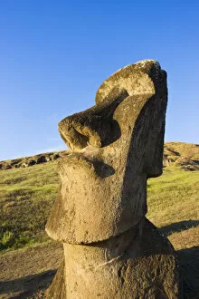 Chile, Rapa Nui, Easter Island, giant monolithic stone Maoi statue at Rano Raraku