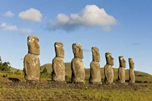Archeological Gallery: Chile, Rapa Nui, Easter Island, row of monolithic stone Moai statues known as Ahu Akivi