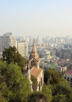 Chile, Santiago, Cityscape and La Ermita Chapel viewed from the Santa Lucia Hill