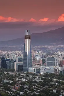 Cerro San Cristobal Prints: Chile, Santiago, elevated view of Providencia buildings and the Gran Torre Santiago