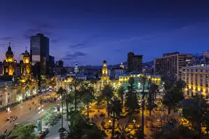 Central Chile Prints: Chile, Santiago, Plaza de Armas and Metropolitan Cathedral, elevated view, dusk