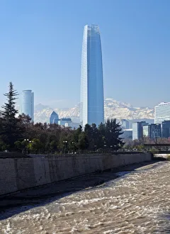 Chile, Santiago, View over Mapocho River towards the high raised buildings with Costanera Chile, Santiago, View over Mapocho River towards the high raised buildings with Costanera