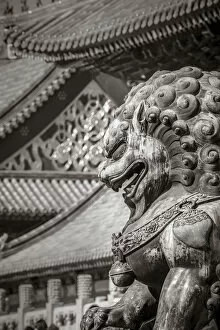 Images Dated 10th March 2014: China, Beijing, Forbidden City, Lion outside Gate of Supreme Harmony