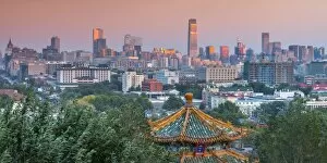 Beijing Gallery: China, Beijing, Jingshan Park, Pavillion and Modern Chaoyang District skyline beyond