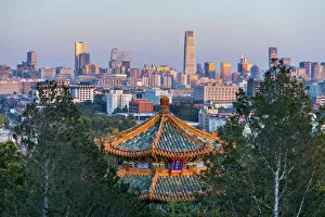 Images Dated 10th March 2014: China, Beijing, Jingshan Park, Pavillion and Modern Chaoyang District skyline beyond