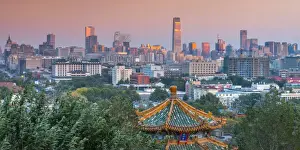 High Rise Prints: China, Beijing, Jingshan Park, Pavillion and Modern Chaoyang District skyline beyond