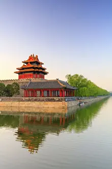 China, Beijing, Palace moat and Forbidden city at sunrise