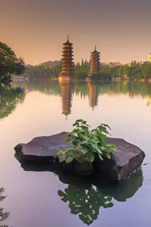 Guangxi Prints: China, Guangxi province, Guilin, Banyan Lake Pagodas