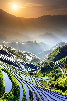 Longji Prints: China, Guangxi Province, Longsheng, Long Ji rice terrace filled with water in