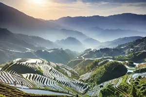 China, Guangxi Province, Longsheng, Long Ji rice terrace filled with water in