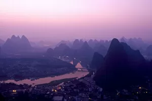 Images Dated 5th March 2012: China, Guangxi Province, Yangshuo. The view from above Yangshuo just before sunrise